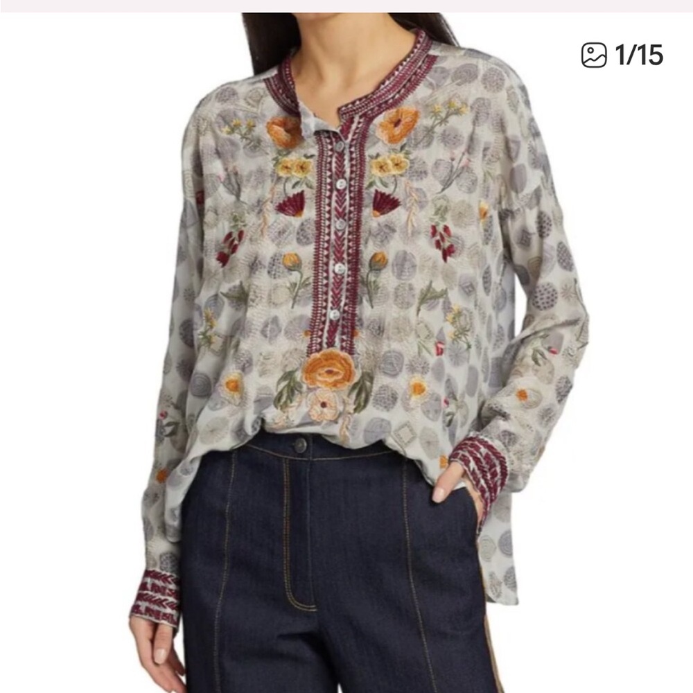 Johnny Was 100% Silk Embroidered Floral Tunic Top in Gray with Maroon Accents